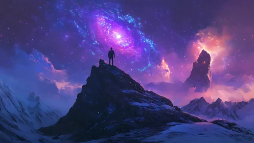 Lone figure on icy peak under vivid galactic sky.