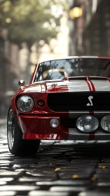 Low-angle telephoto view shows classic red muscle car on wet cobbles