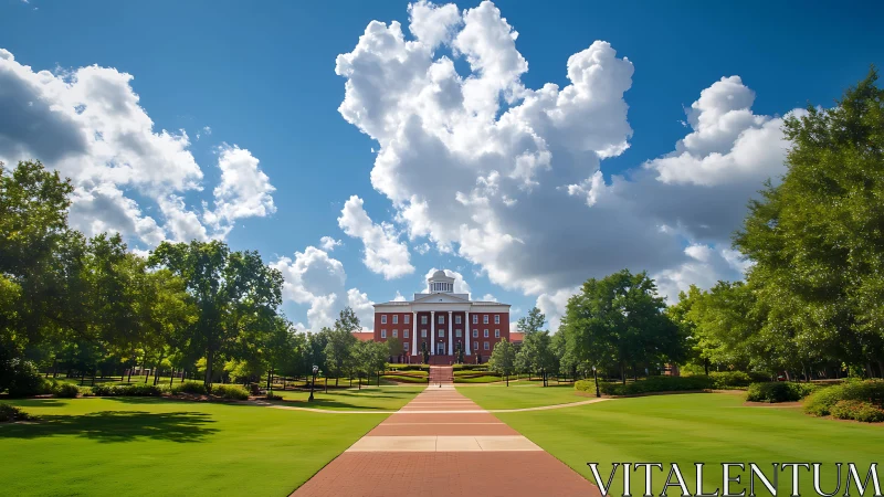 Symmetrical campus lawn and central brick academic building.