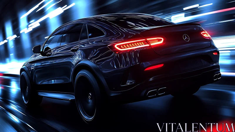 Black coupe SUV on wet city road with neon motion blur.