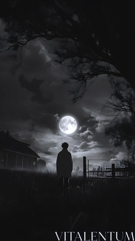 Lone moonlit wanderer paused at the edge of a haunted field.