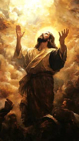 Religious figure rising toward glowing golden sky above crowd.