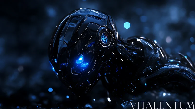 Specular black cyborg head with luminescent cobalt optics.