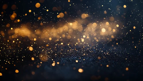 Golden bokeh particles drift above dark textured surface