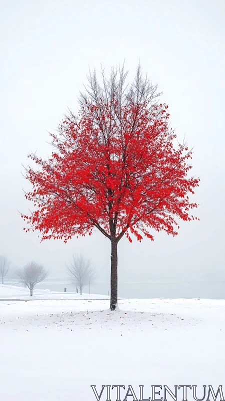 Red-leaved deciduous tree centered in a snowy lakeside landscape.