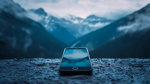 Smartphone on wet stone surface before misty mountains.
