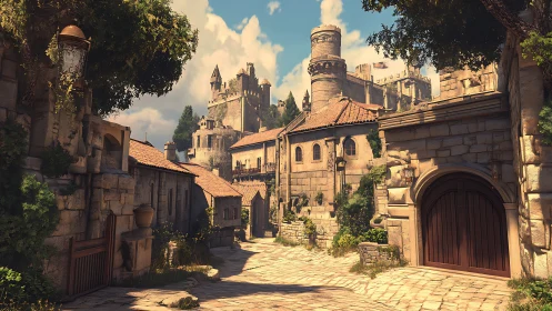 Sunlit medieval lane winding toward a castle keep.