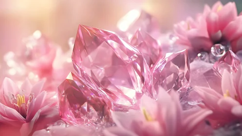 Faceted rose quartz crystals refract light amid soft florals