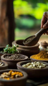 Hand selecting mixed peppercorns over rustic spice array.