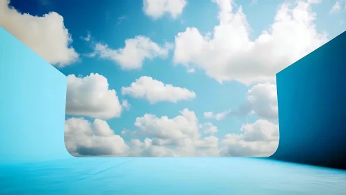 Minimal blue set with open sky backdrop and clouds visible.