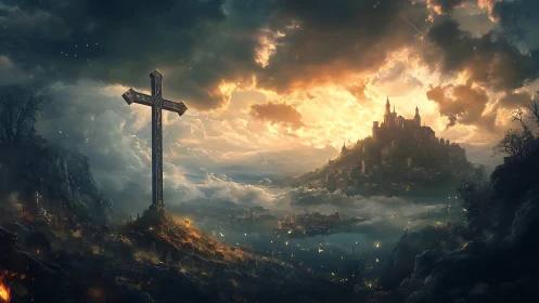 Stormlit crucifix above mist valley and fortified hill city