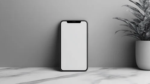 Smartphone mockup displaying blank screen in minimalist setting.
