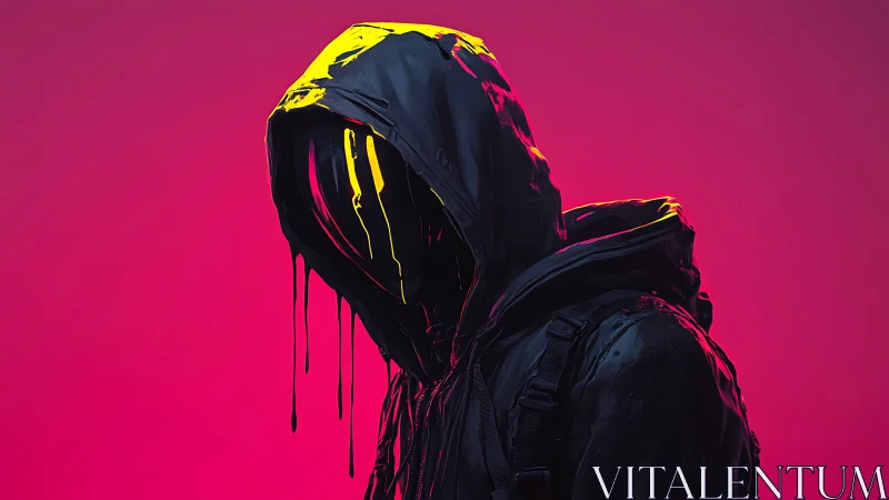 Neon hooded figure drips with paint against a vivid magenta glow
