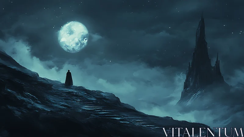 Solitary cloaked figure studies luminous moon above dark spire