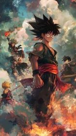 Anime fighters stand amid swirling clouds and fire