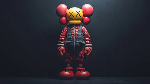 Pop toy astronaut stands brooding in inky gallery hush.