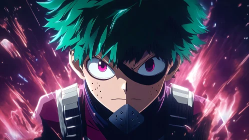 Intense green-haired masked hero in pink energy burst portrait