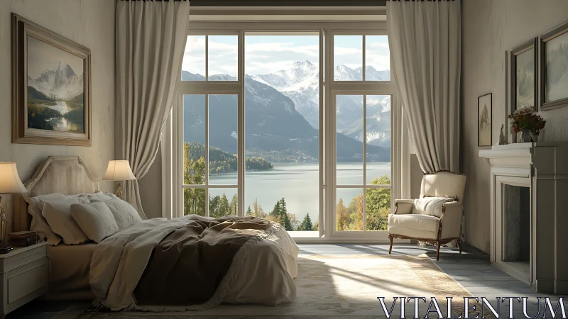 Morning light unravels mountains and lake beyond a quiet bed