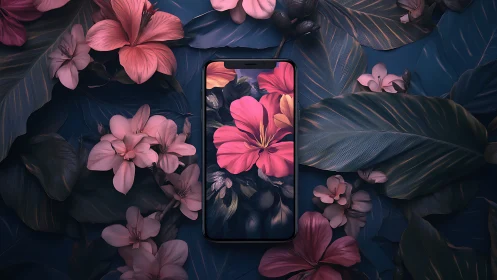 Smartphone Display Surrounded by Vibrant Pink Florals and Dark Foliage.
