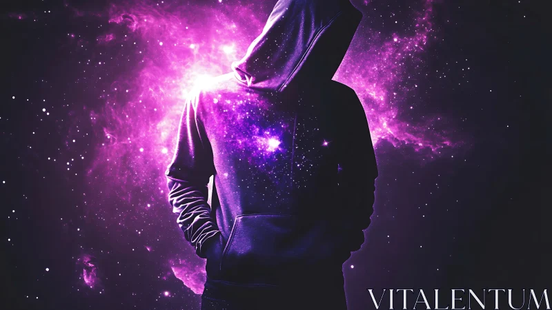 Hooded silhouette merged with purple cosmic nebula backdrop.