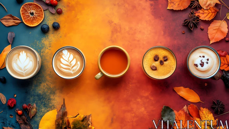 Row of autumn beverages on warm gradient background.