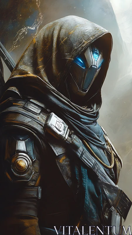 Mysterious hooded android stands ready in glowing blue armor