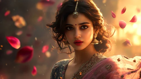 Graceful woman in rose-tinted light and drifting petals.