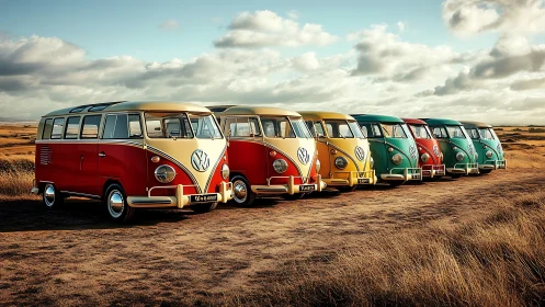 Vintage microbuses align under golden hour coastal sky.