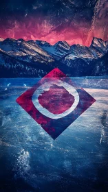 Geometric emblem over icy lake beneath pink mountain sky.