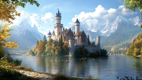 Romantic lakeside castle rendered against alpine mountain skyline