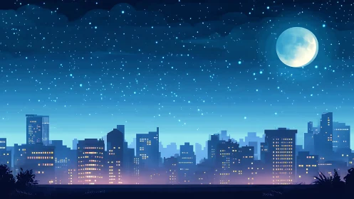 Moonlit city skyline shimmers beneath a bright starry sky.