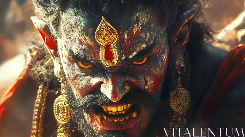 Mythic demon portrait with ornate jewelry and face paint.