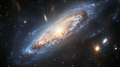 Swirling spiral galaxy glows softly among countless distant stars