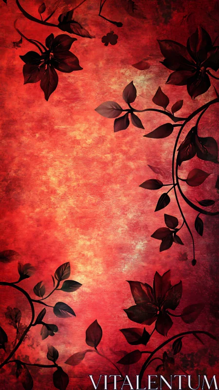 Vignetted red floral background with silhouetted vector foliage curling