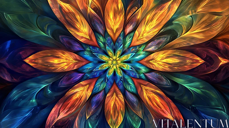 Radially symmetric fractal petal array with spectral chromatics.