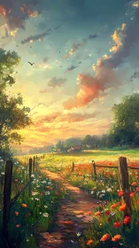 Rural footpath with field flowers under evening sky.