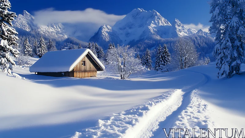 Snowbound alpine cabin under clear blue sky with soft tracked snow