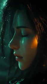 Somber cyber-lit profile of woman in teal and amber glow.