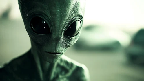 Close alien face with large black eyes in soft focus scene.