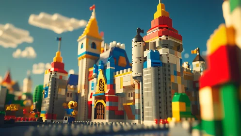 Sunlit LEGO castle rendered in shallow depth 3D focus