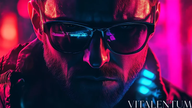 Man in reflective sunglasses lit by neon magenta and cyan
