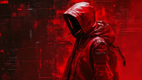 Silent red wanderer in a digital storm of neon shadows.