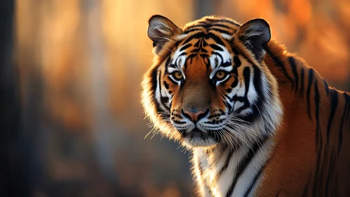 Tiger portrait in warm backlight with shallow depth of field.