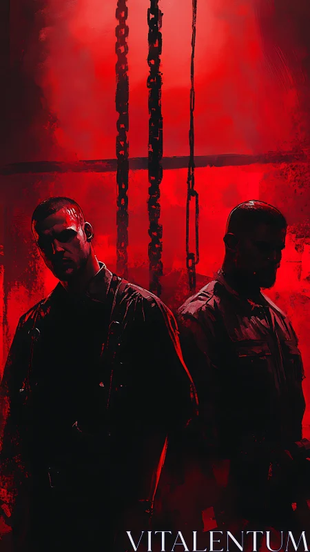 Bloodlit brothers beneath hanging chains of regret.