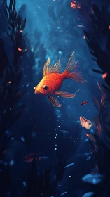 Orange fish in deep blue underwater digital illustration.