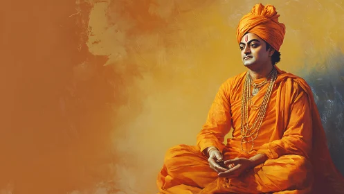 Monk in saffron robes seated in contemplative side-lit pose.