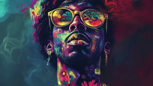 Portrait depicts stylized figure with saturated multicolor lighting