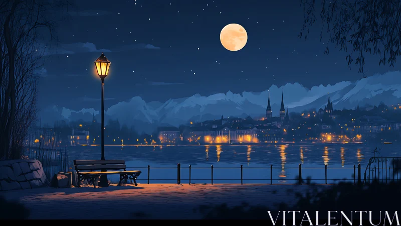 Moonlit lakeside bench welcomes quiet moments and rest