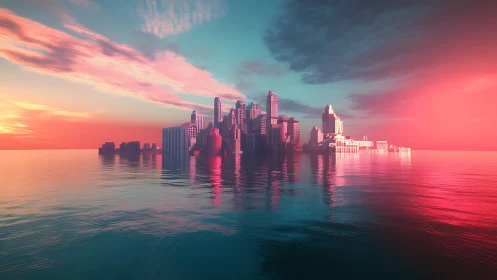 Futuristic Cityscape at Sunset Over Water.