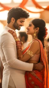 Smiling Indian couple embrace in warm wedding light.
